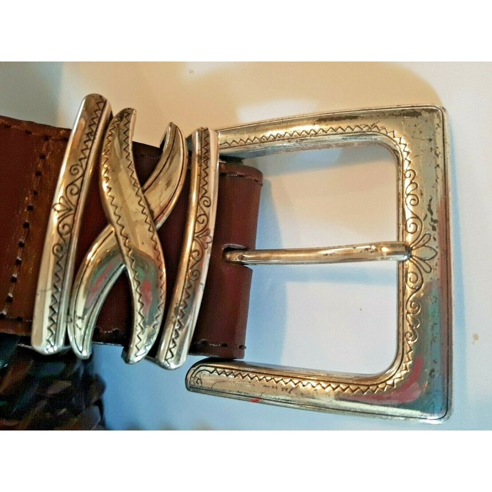 Brighton Braided Belt Brown Black Silver Embossed Buckle Small 28 - Picture 2 of 7